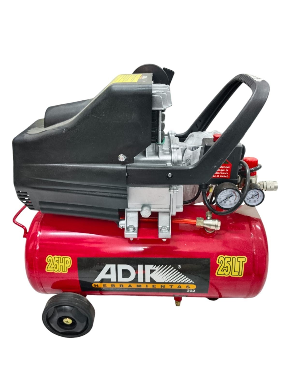Compresor de aire marca adir con llantas color rojo de 25 litros
