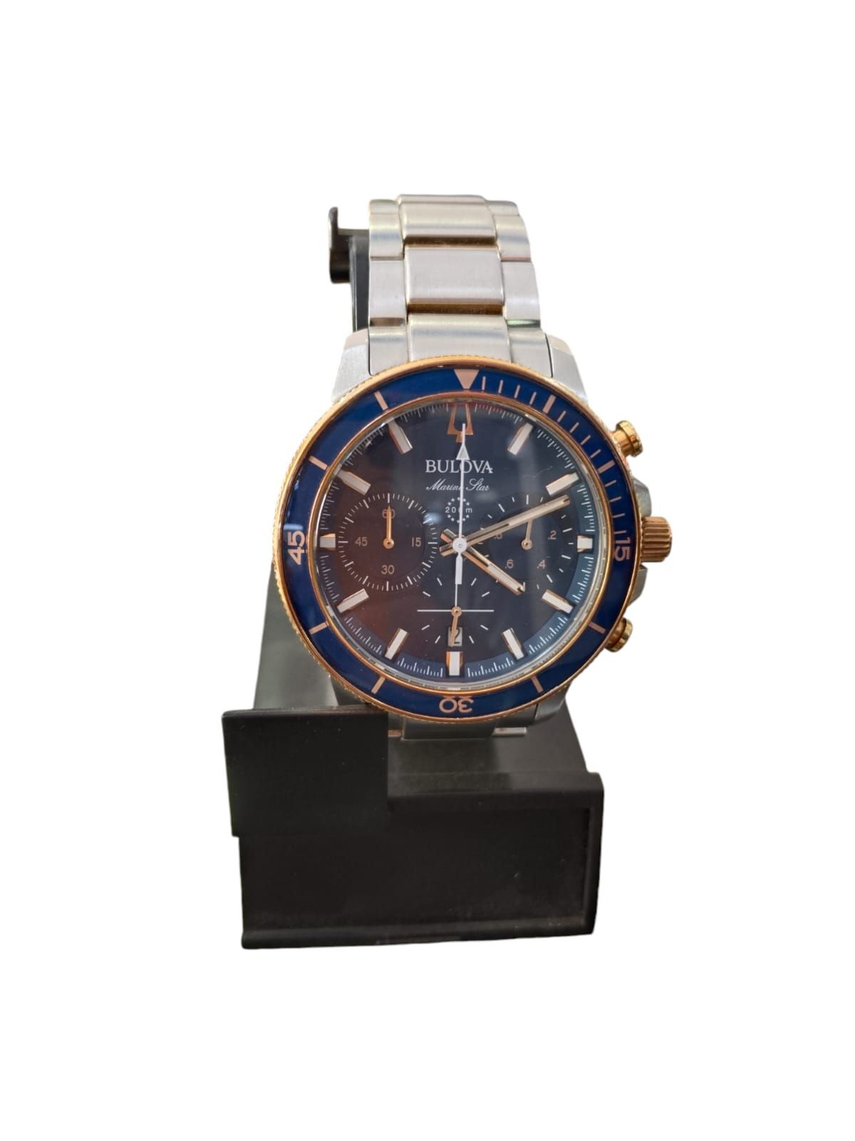reloj bulova marine star color azul y plata
